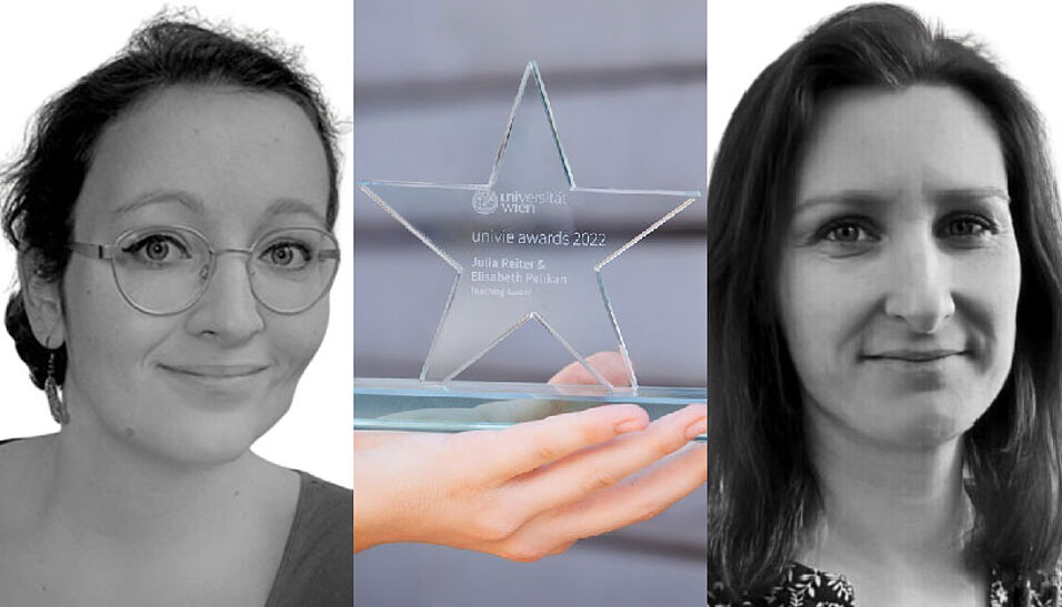 Portraits Julia Reiter und Elisabeth Pelikan und Trophäe Teaching Award