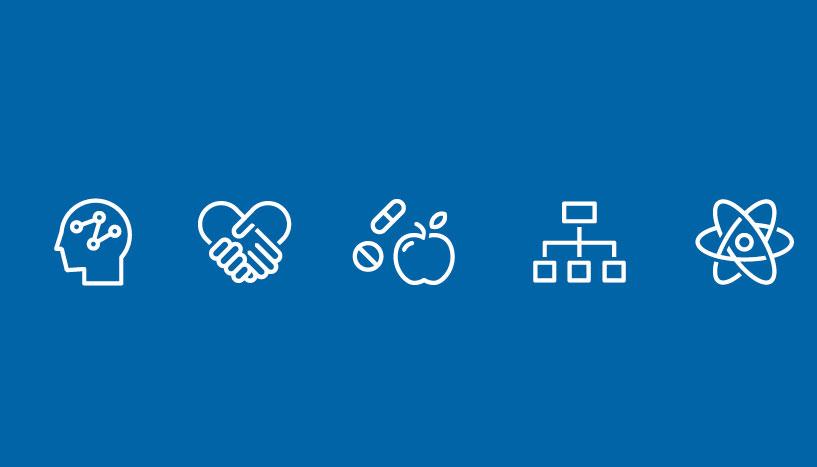 Symbole zu den 5 Entwicklungsfeldern der Universität Wien: Ein Organisations-Chart für "Data Science & Digital Humanities", ein Apfel mit Tablette und Halteverbots-Schild für "Gesundheit und Mikrobiom", Händeschütteln für "Gesellschaft und Kommunikation", ein Kopf mit dargestellten Verschaltungen für "Molekulare Biologie und kognitive Neurowissenschaften" und ein Atom für "Quanten und Materialien".