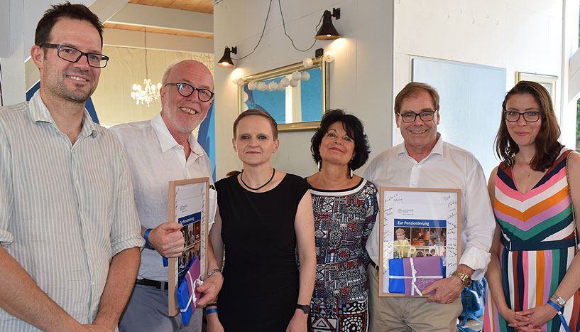 Gruppenbild von der Verabschiedung am Sommerfest. Von links Vizedekan Claus Lamm, Germain Weber, Dekanin Barbara Schober, Laudatorin Christiane Spiel, Georg Gittler und Vizedekanin Stefanie Höhl.